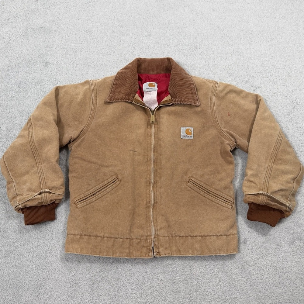 Vintage Carhartt Detroit Jacket Youth Boys 5Y Tan Quilted Red Lined Canvas 90s - Picture 2 of 11